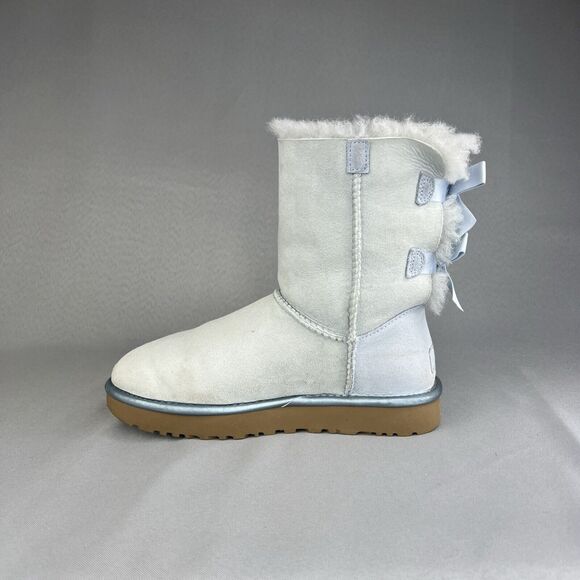 Womens UGG Boots Sz 6 Bailey Bow Metallic Blue Sky Suede Wool Coquette Rare - Picture 5 of 16